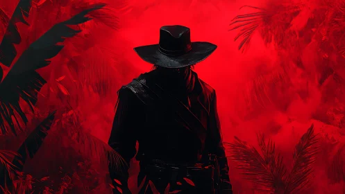 Shadowed gunslinger silhouette in crimson jungle fog.