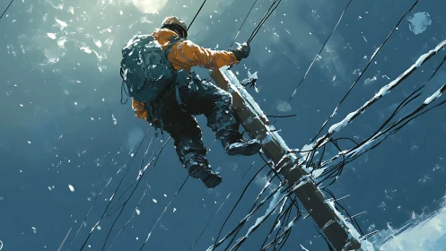 Brave line worker climbing snowy pole under icy winter sky.