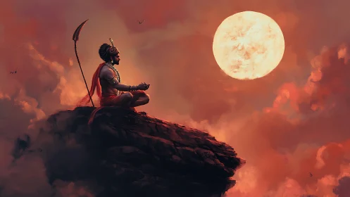 Meditating warrior silhouette on rocky cliff under oversized moon