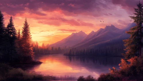 Sunset light reflects across mountain lake and forest edge