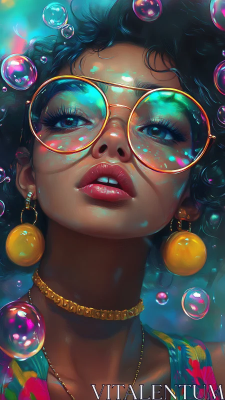 Bubble-lit daydreamer in neon glasses and golden echoes.