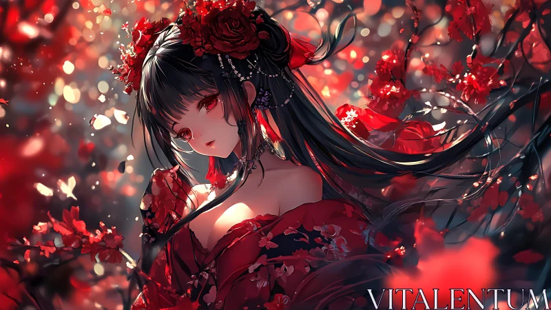 Crimson kimono heroine amid bokeh lit blossom branches