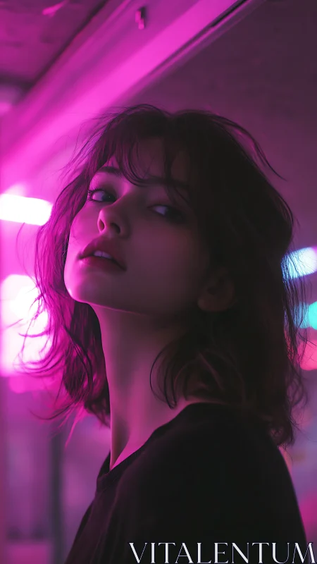 Portrait of woman in neon-lit interior with magenta lighting.