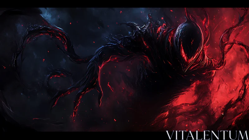 Shadow creature emerges amid red energy and dark tendrils