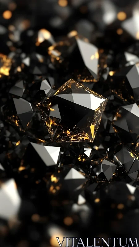 Faceted black crystals with warm gold bokeh illumination.