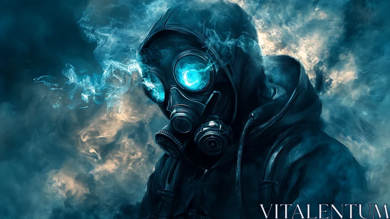 Gas-masked cyber wanderer emerges from bioluminescent fumes