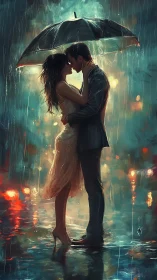 Romantic Couple Under Luminous Umbrella in Urban Rain.