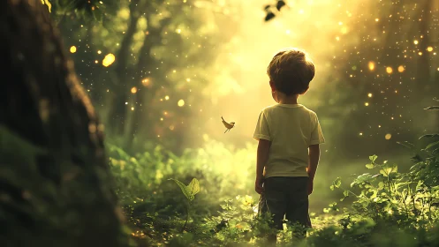Young child observing illuminated forest clearing scene.