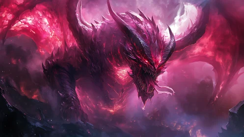 Fiery crimson dragon soaring in swirling stormlight skies.