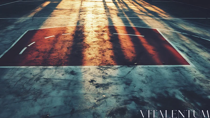 Golden evening shadows paint a quiet outdoor basketball key