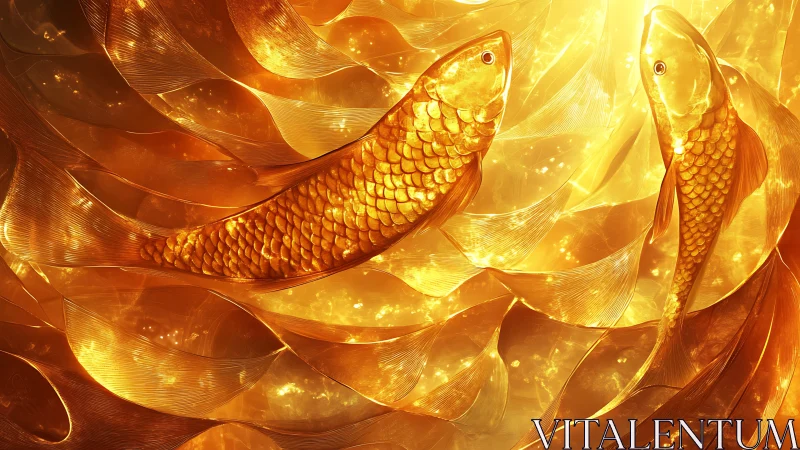 Golden koi fish amid luminous abstract flowing scales
