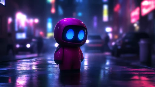 Small neon robot stands alone in wet cyberpunk street.