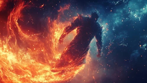 Fiery humanoid silhouette emerging through swirling flames.