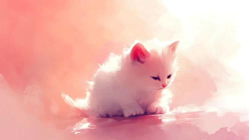 Luminous White Kitten in Ethereal Pink Gradient Environment