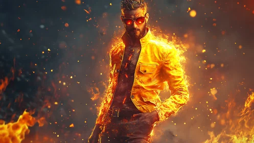 Man engulfed in golden flames with red sunglasses.