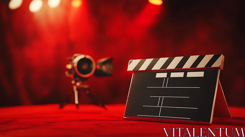 Film clapperboard rests under dramatic red studio lights
