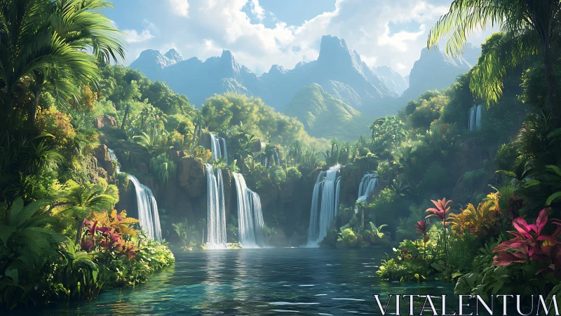 Emerald cascades whisper secrets into a hidden valley lagoon