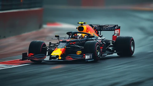 Sleek red bull racer car slices through a misty racetrack