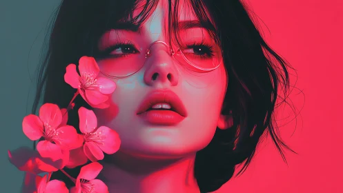 Neon-lit female portrait merges floral accents with bold bicolor lighting