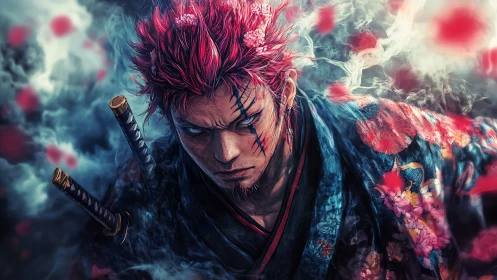 Anime samurai warrior portrait with dynamic floral kimono lighting.