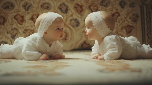 Twin Infants Crawling Face-to-Face on Ornate Floor