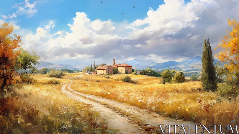 Sunlit country road winding toward a peaceful hillside villa.