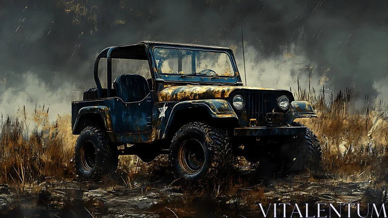 Rust-weathered off-road jeep in stormy grassland environment