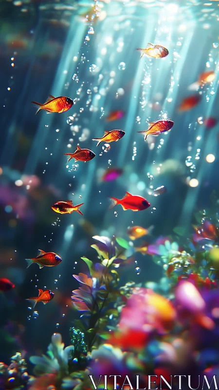 Shimmering tropical fish drifting through luminous reef.