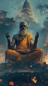 Meditating elder figure before distant burning temple.