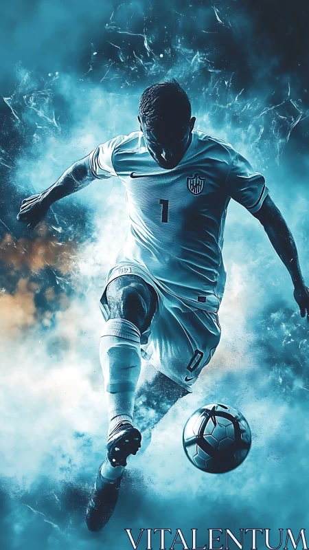 Electric soccer kick frozen in swirling blue energy storm.