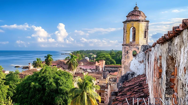 Weathered coastal bell tower overlooks lush tropical town