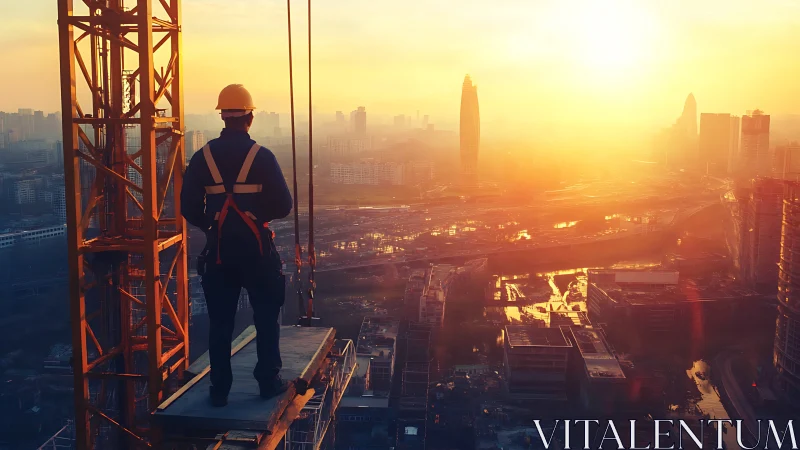 Sunlit construction worker overlooking a growing cityscape.