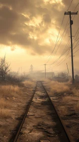 Rail track extends through arid terrain under dense clouds