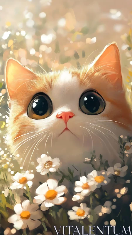 Orange and White Cat with Hyperrealistic Eyes in Floral Setting