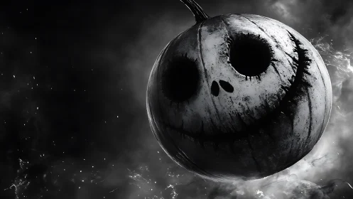 Monochrome grinning pumpkin sphere rendered in dramatic chiaroscuro