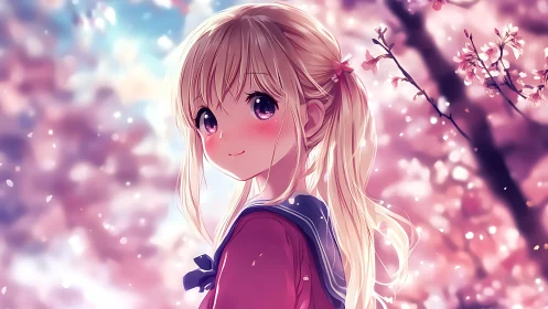 Anime spring portrait under soft-focus cherry blossoms.