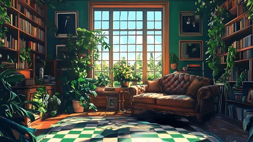 Digital painting of sunlit botanical study lined with bookshelves.
