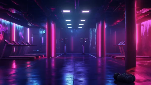 Neon-lit futuristic gym interior with treadmills and columns.