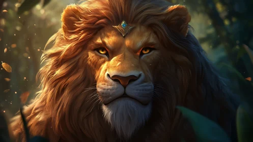 Regal lion portrait with jeweled crown in forest light.