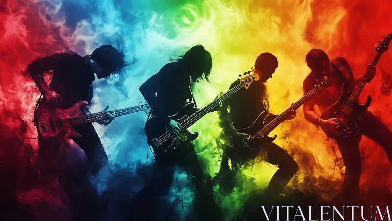 Silhouetted rock guitarists against multi-color flame nebula