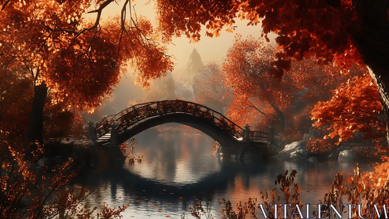 Arched stone bridge spans a reflective autumn woodland river