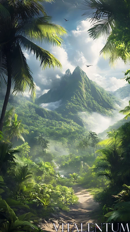 Emerald jungle trail winding toward mist crowned mountains.