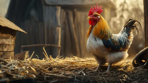 Golden-Hour Rooster Stands Proud Amid Rustic Barnyard.