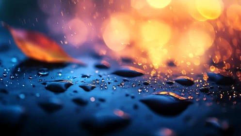 Wet reflective surface with water droplets under warm backlight