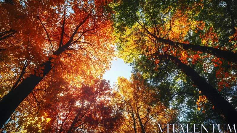 Sunlit autumn canopy glows in a vibrant forest skyward view