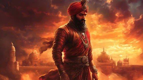 Warrior king stands before burning palace domes at dusk