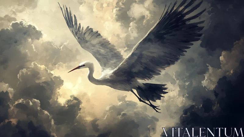 Graceful white heron soars gently through dramatic storm clouds