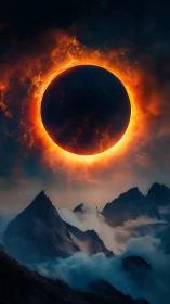 Fiery eclipse hovering over misty midnight mountainscape.