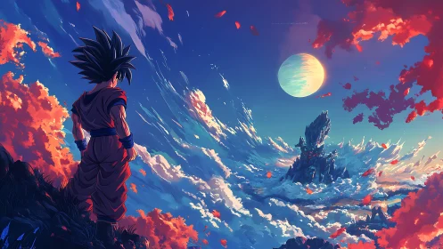 Lone warrior gazes across swirling cosmic cloud oceans.