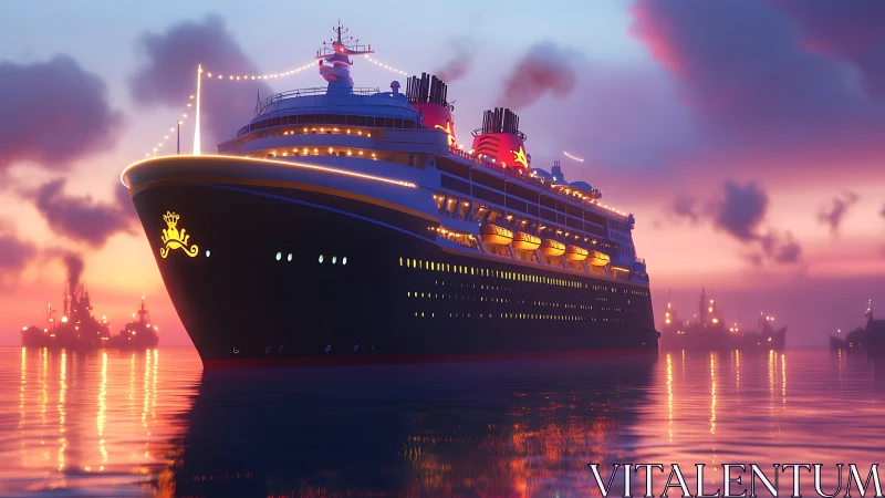 Sunset cruise ship glowing over calm storybook waters.